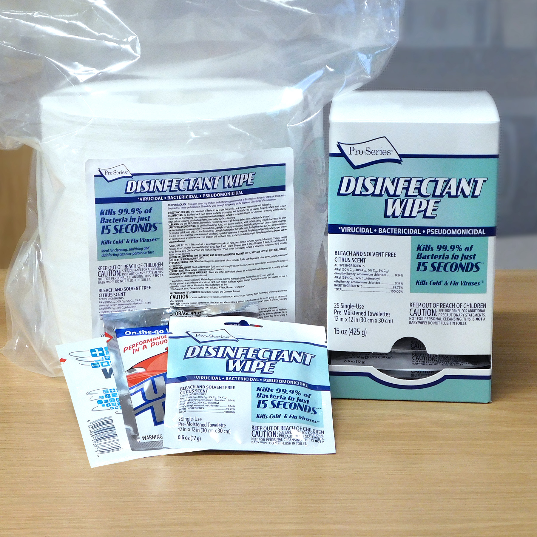 PRO-SERIES wet wipes line shot including bulk refill rolls, singlepacks and single-pack dispenser box